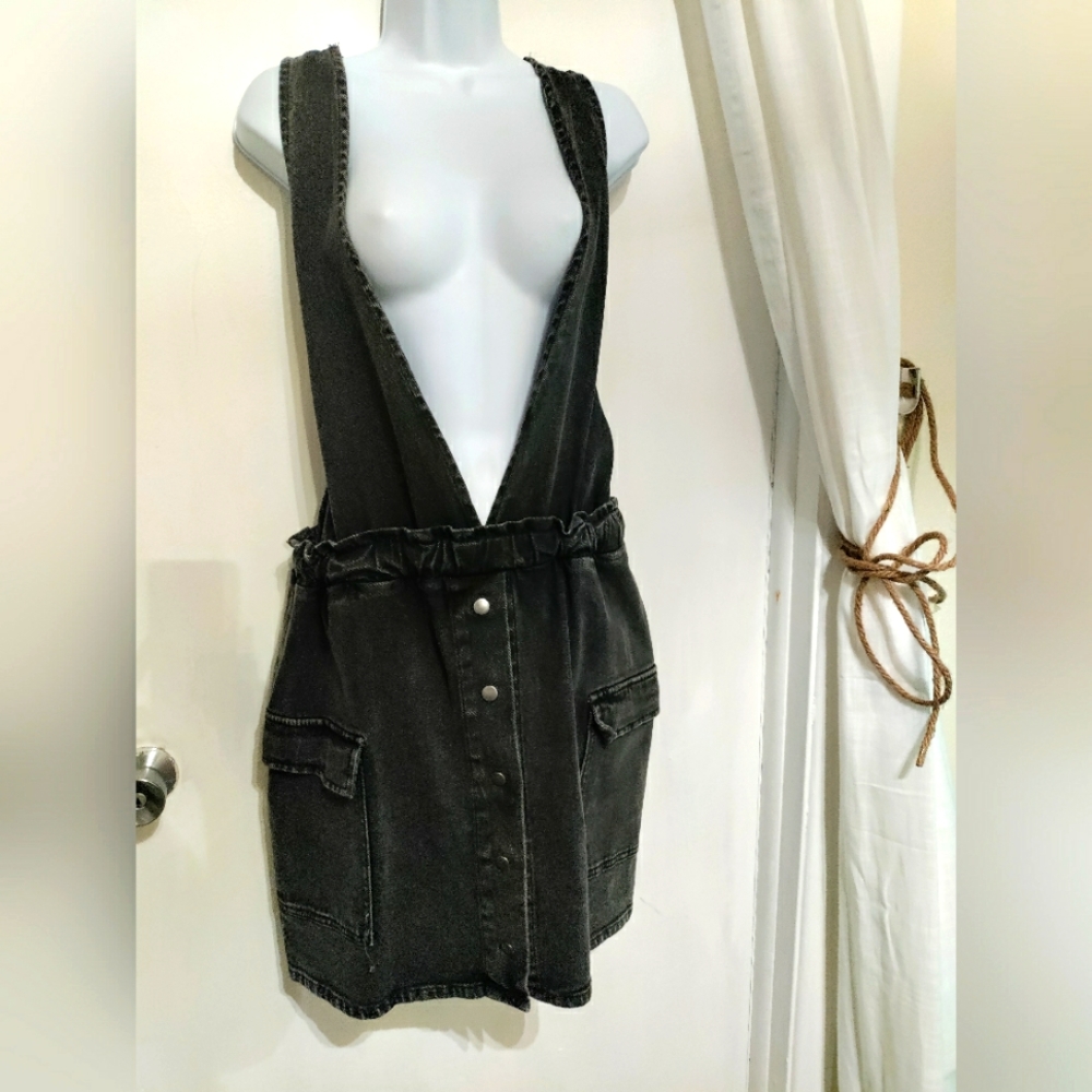 Distressed black denim overall dress